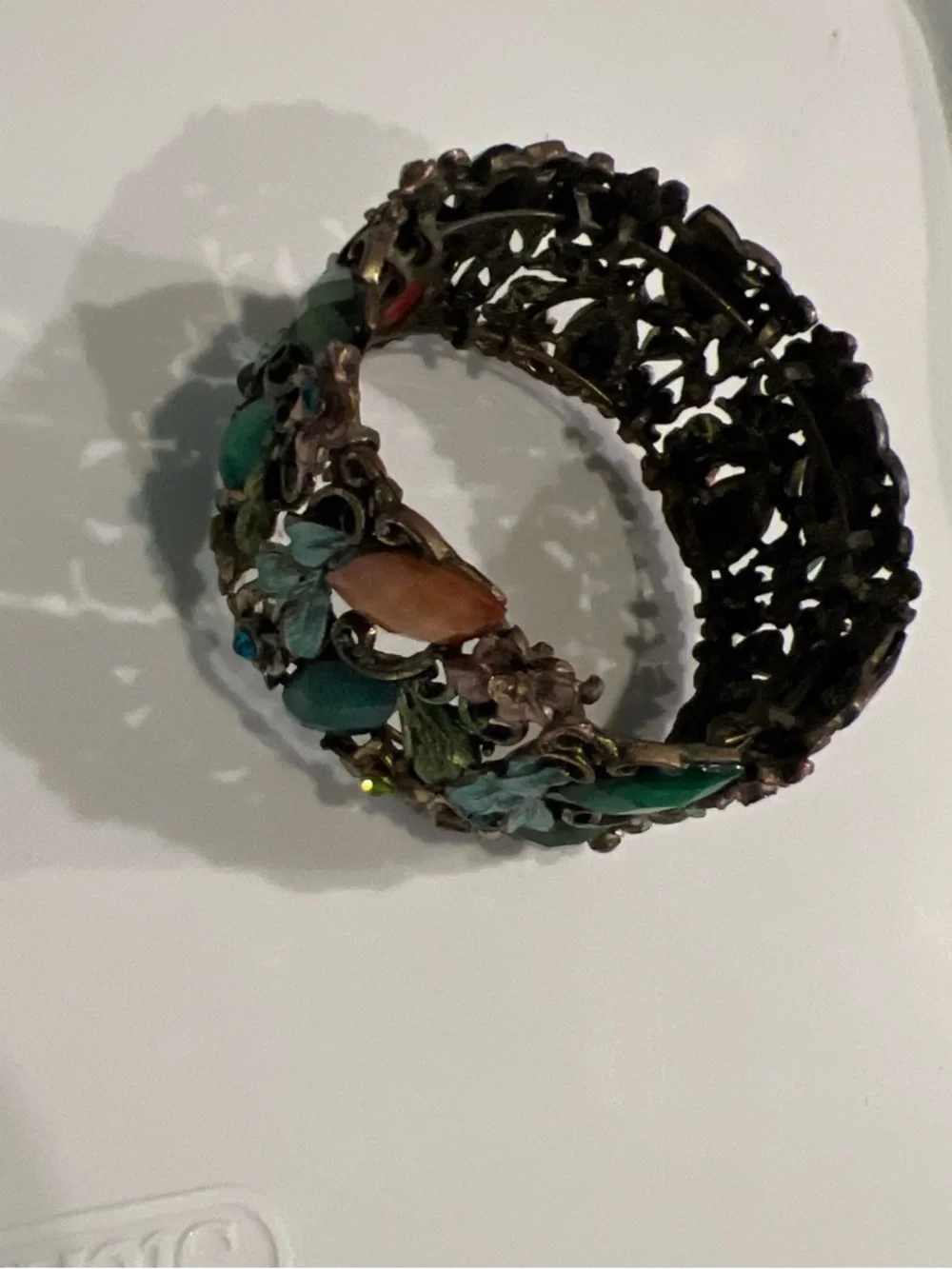 Vintage Multicolor Floral Filigree Bracelet - Green & Coral Accents